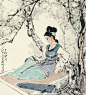 桃花树下,年轻好了,坐像,琴,若有所思,中国古代画,中国古画