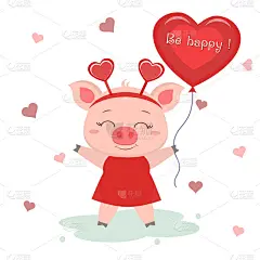 祝贺你，情人节快乐!一只穿着红色连衣裙、带着圈的可爱小猪站在那里，手里拿着一个心形的气球。平面设计，