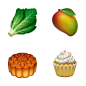 Four food emoji clockwise from top left: lettuce, mango, cupcake and mooncake.