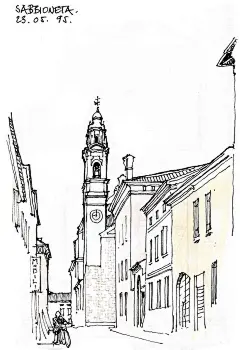 欧式钟楼建筑街景手绘线稿画