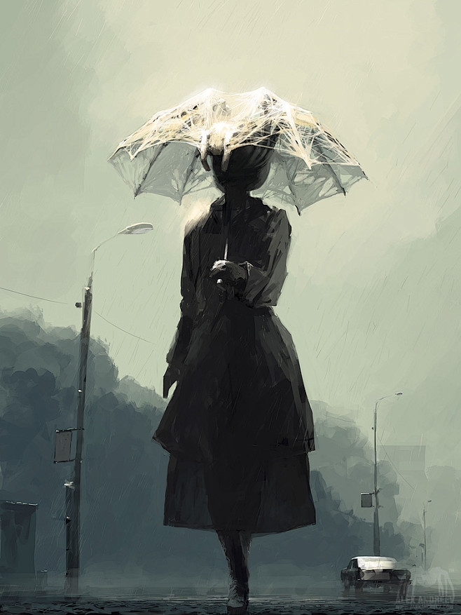 雨在城市拿着蠕动的蜘蛛伞的妇女由亚历克斯安德烈耶夫的恐怖例证