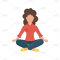 一个年轻的女孩在做瑜伽，冥想，正念练习，精神训练。一个女人盘腿坐在地板上冥想。孤立。平的卡通风格。说