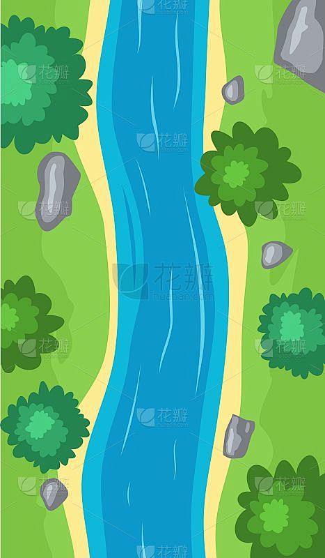 流动的河流俯视图，卡通曲线的河床与蓝色的水，海岸线与石头，树木和绿色的草。夏日场景的插图与小溪流与沙
