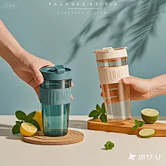 jimeng-2025-08-04-5218-生成一张16_9电商海报，产品为塑料杯手持展示，左右手各持一只塑料杯，背景写实好