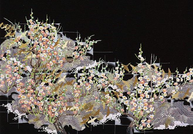 友禅染黑留纹样鹤