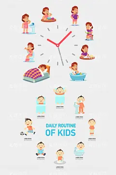 儿童作息时间矢量插画  - 源文件下载【酷图网】儿童作息时间,矢量插画,幼儿插画,洗漱,睡觉,看书,吃饭插画,人物插画,矢量手绘,手绘元素,设计元素