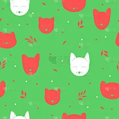 红色,四方连续纹样,猫,白色,多样,动物头,可爱的,绿色背景,纺织品