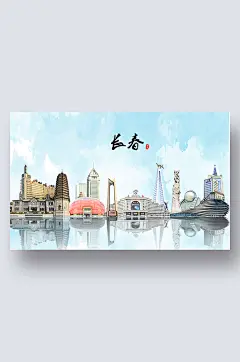 长春城市地标建筑剪影插画-众图网