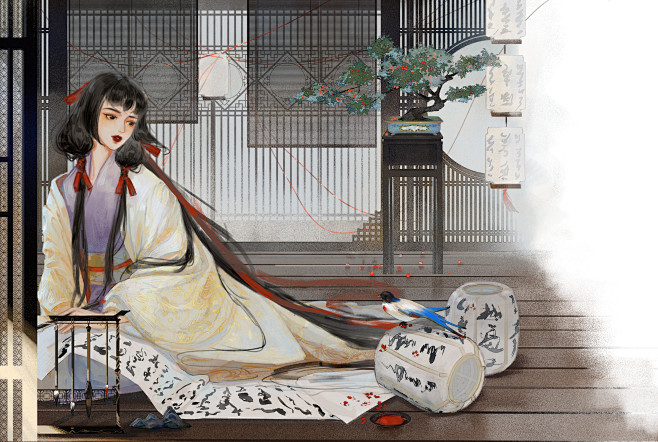 少女与鸟，这张，两天！！！画完的！！！状...