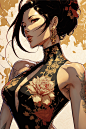 beautiful gorgeous mai shiranui as a yakuza member in silk gold and black high slit cheongsam with filigree, by hayao miyazaki, tomer hanuka, james jean, artgerm, beautiful flowing floral patterns, intricate details, high contrast, dynamic colors, clean b