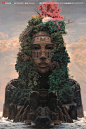 众神闹，由森林庙宇、山川瀑布构成的超现实人物肖像，@杜昆 油画作品。