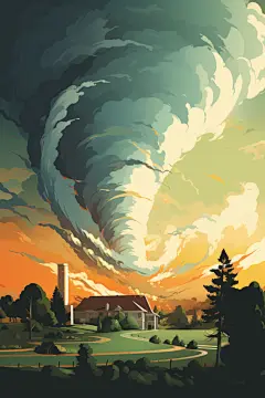 扁平风被破坏的房屋自然灾害龙卷风插画