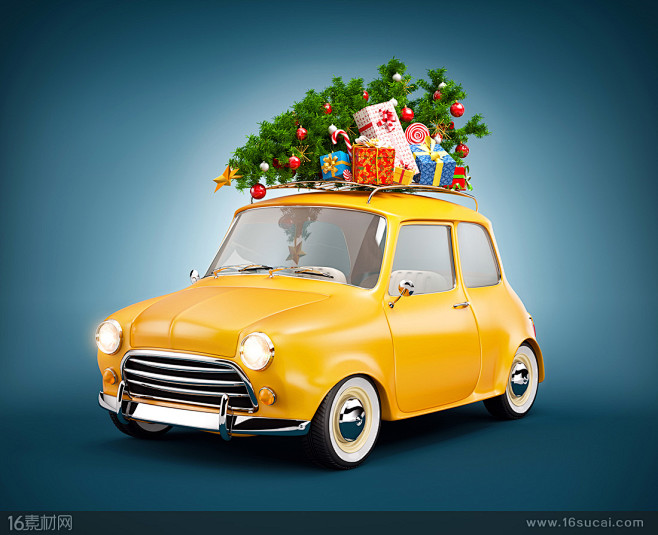 堆满圣诞礼物的轿车高清图片