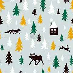 手绘森林轮廓无缝模式小屋和动物:麋鹿，狐狸，野兔，猫头鹰