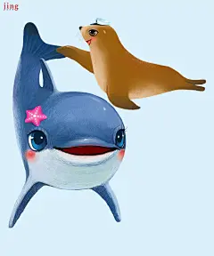绘本插画海洋系列-海狮和海豚 