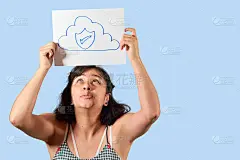 年轻女子拿着互联网安全云概念海报。孤立的