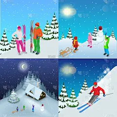 冬季活跃假日概念。家庭健康的生活方式高山滑雪者和玩耍的孩子。孤立的元素。冬季运动插图为您的设计。