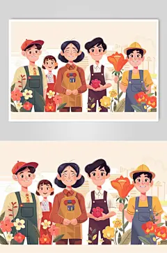 数字艺术五一劳动节各职业卡通人物插画
