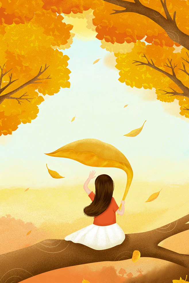 黄色秋天金黄树叶女孩原创插画