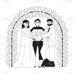 天主教婚礼誓言单色概念矢量点画.新婚夫妇手牵手2D平面bw卡通人物为网页用户界面设计。教堂仪式上孤立