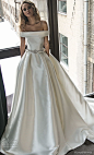 olivia bottega 2018 bridal off the shoulder straight across neckline simple clean elegant classic elegant ball gown a  line weding dress with pockets chapel train (5) mv