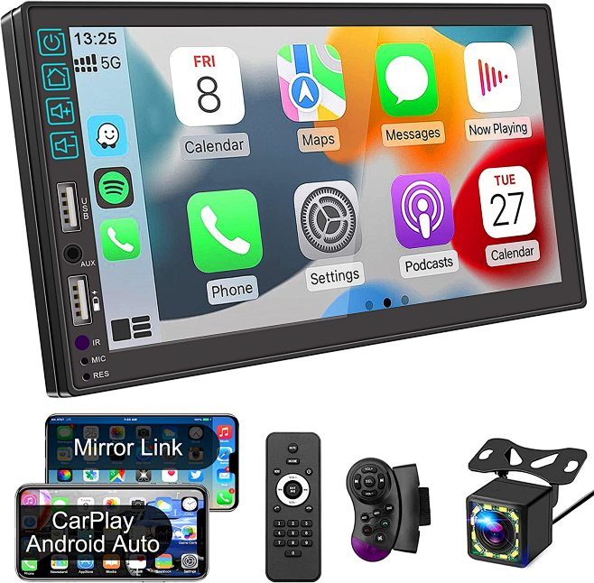 Double Din 车载立体声带语音控制 Apple Carplay&Android Auto,MP5 播放器,带