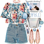 A fashion look from June 2016 featuring off shoulder crop top, short shorts and ballet flat shoes. Browse and shop related looks.