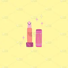 粉色口红。女性美容化妆元素在黄色背景海报或卡片。时尚的魅力。光泽的化妆品，卡通向量孤立的当代插图