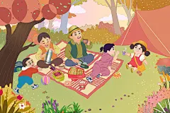 秋季秋天户外田园扁平化风格郊游露营人物插画