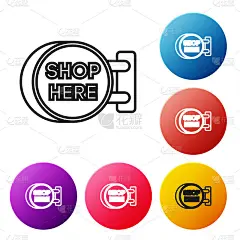 黑线招牌上挂着一行题字，店铺这里的图标以白色为背景。适用于广告酒吧、咖啡厅、酒吧、餐厅。设置彩色圆形