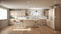现代白色厨房与木制的细节和拼花地板，现代吊灯，极简的室内设计理念，岛与凳子和配件