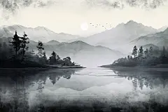 云雾水墨画插画图片
