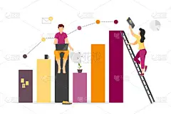 数据分析、统计、业务和工作流的矢量插图概念。带小工人们的条形图。横幅、海报、商业演示的创意设计.