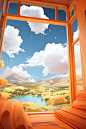 an orange room has two windows that open up into a scene, in the style of detailed skies, whimsical animation, soft landscapes, yanjun cheng, lush landscape backgrounds, distorted perspective, light brown and sky-blue