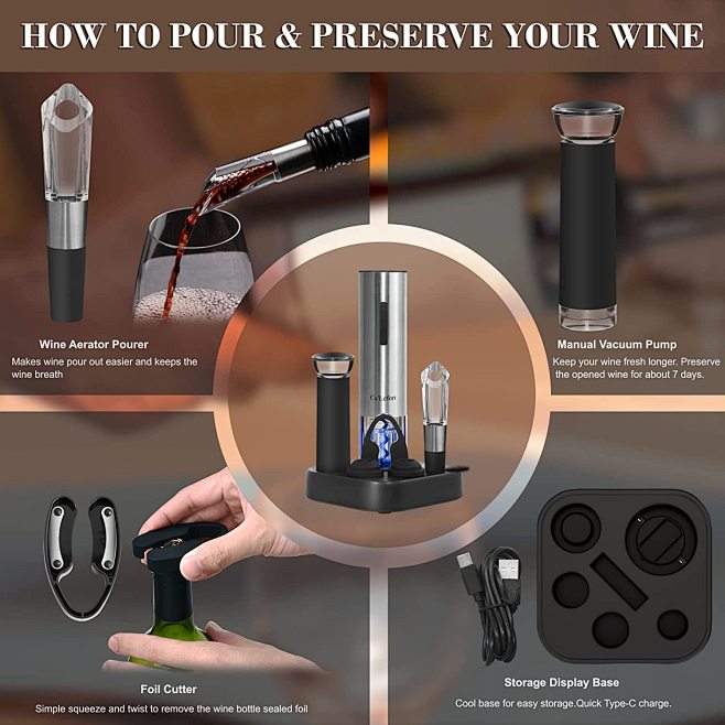 Ca'Lefort Electric Wine Opener with Charging Base 7 in 1
