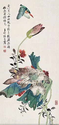 张熊——《翠鸟戏荷（荷花翠鸟）》【正似美人初睡起，强抬青镜欲妆慵。仿瓯香馆设色】花鸟 立轴欣赏 |   
清|张熊(1803-1886)又名张熊祥，字寿甫、寿父，号子祥、祥翁，别号鸳湖外史、鸳湖老人，鸳湖老者，鸳鸯湖外史，西厢客。别署清河伯子、髯参军。精篆刻，工花鸟草虫蔬果、人物山水，注重写生，亦善八分书。与任熊、朱熊合称&quot;沪上三熊&quot;。