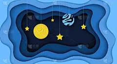 空间或天空剪纸背景。恒星和行星。剧院。横旗、宣传册、海报。蓝色的颜色。设计简单的现实。漂亮的模板。平