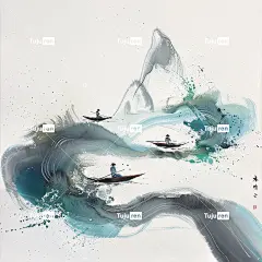 水墨画细致，描绘了远处三个小人物在海浪环绕的岛屿上划船。抽象