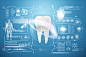 这是一颗氖全息图的牙齿。医学理念、新技术、口腔护理、口腔修复、拷贝空间。3D插图，3D图形。