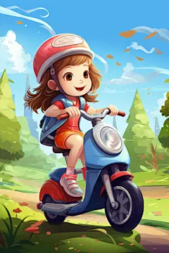卡通可爱骑电动车的男孩女孩插画