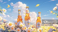 【AI数字艺术】花丛中的啤酒插画图片素材