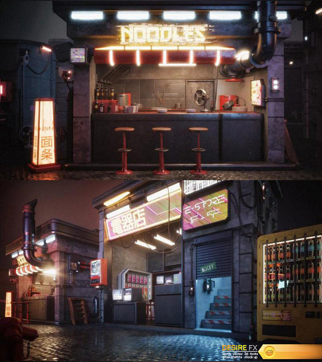 C4D Keyshot赛博朋克未来科幻城市小吃摊街道楼房渲染模型含贴图-淘宝网