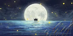 国庆 国庆节中秋中秋节月亮湖水倒影唯美风景中秋节原创手绘插画素材