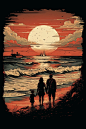 beach sunset, reddish, illustration, family silhouette with kids, ocean waves in details, reflection of sun in the water, beach sand, bigger sunset, shore, hand drawn, tattoo style art