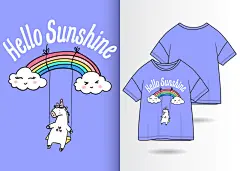 矢量手绘T恤插画卡通可爱时尚女孩独角兽服装印花人物AI设计素材