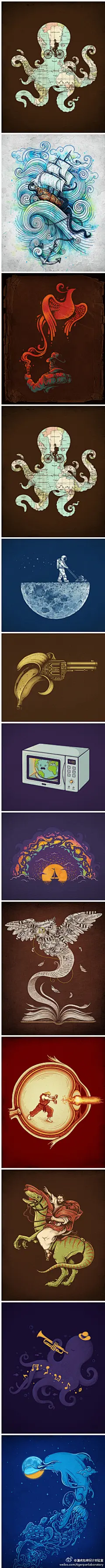 来自Enkel Dika 的一组超现实主义插画。Enkel Dika，马其顿插画师，同时也是一位T-shirt画师，他的作品融合了pop、geek、西方历史以及个人天马行空的想象，很有创意。