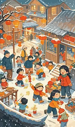 春节雪景街景庆春插画图形元素