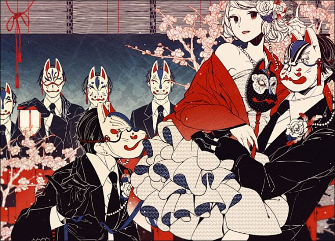 狐狸面具日本插画和服