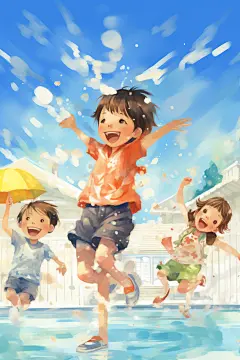 学生放暑假漫画风结伴插画