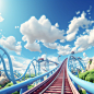 A roller coaster speeding on the track, close-up, Disney Pixar style, blue sky and white clouds, a scene,